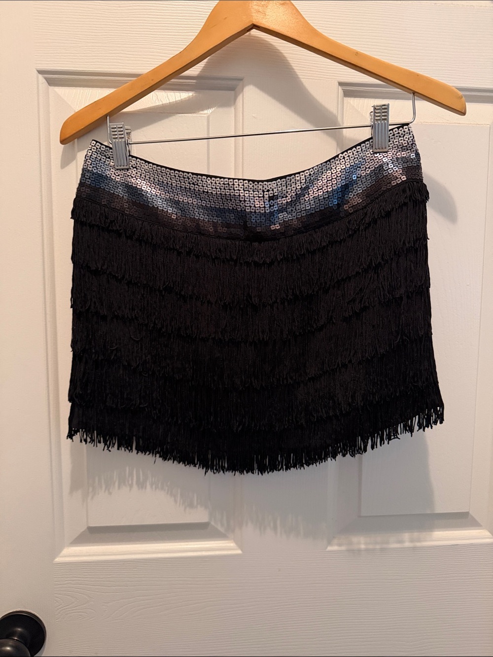 Black Fringe Mini Skirt with Sequin Waistband